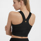 Trophy Yoga side split crop top in black with four-way stretch fabric, made in USA