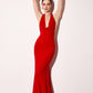 Astee T501 Long Halter V-Neckline Fitted Open Back Evening Gown