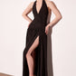 Astee T502 Halter Top V-Neckline Evening Gown with Leg Slit