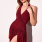 Astee T502 Halter Top V-Neckline Evening Gown with Leg Slit