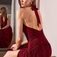 Astee T502 Halter Top V-Neckline Evening Gown with Leg Slit