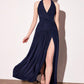 Astee T502 Halter Top V-Neckline Evening Gown with Leg Slit