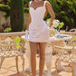 Amoris T733W Fitted Mini Dress Softly Draped Off White Satin Skirt