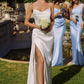 Amoris T826W Long Fitted Off White Satin Gown Draped Cowl Neckline