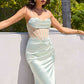 Ladivine Amoris T812 Long Fitted Sheer Bodice Cowl Neck Satin Prom Dress