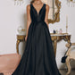 Amoris T814 Long V-Neckline A-Line Satin Dress with Pockets