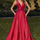 Amoris T814 Long V-Neckline A-Line Satin Dress with Pockets