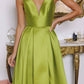 Amoris T814 Long V-Neckline A-Line Satin Dress with Pockets