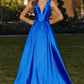 Amoris T814 Long V-Neckline A-Line Satin Dress with Pockets