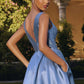 Amoris T814 Long V-Neckline A-Line Satin Dress with Pockets