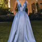 Amoris T814 Long V-Neckline A-Line Satin Dress with Pockets