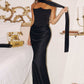 Amoris T816 Matte Satin Bodice Detachable Scarf Column Dress