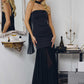 Amoris T825 Strapless Satin Bodice Pleated Chiffon Skirt Fitted Dress