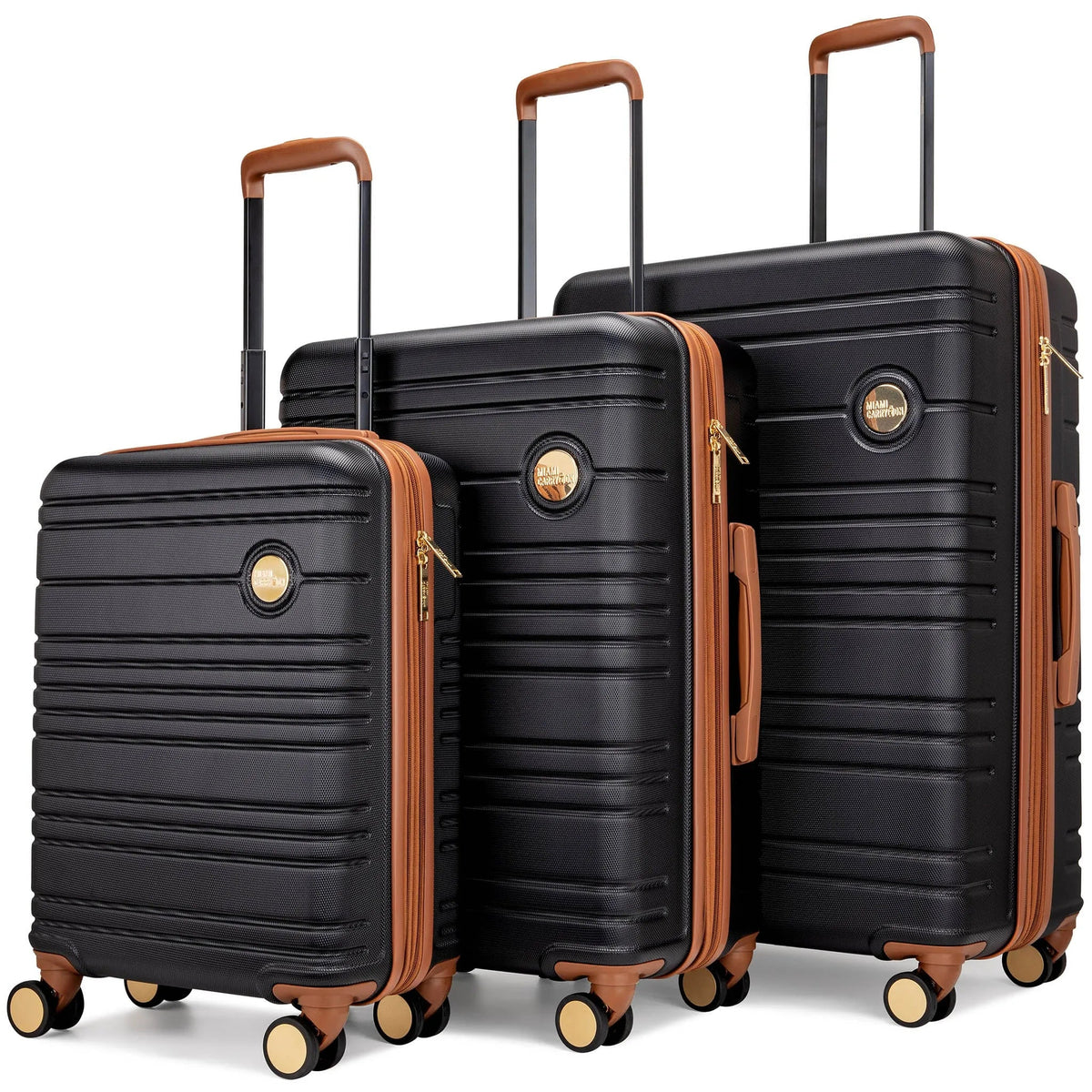 Travelly Brickell 3-piece expandable retro luggage set with hard shells, vintage design, black color, and silver accents.