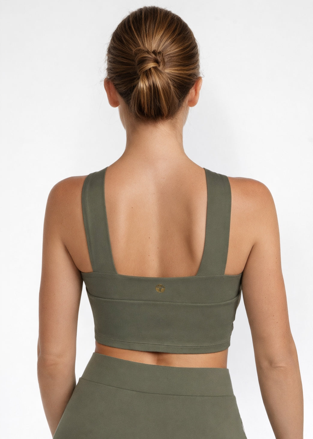 Trophy Yoga criss cross tennis crop top made in USA, white athletic shirt front view