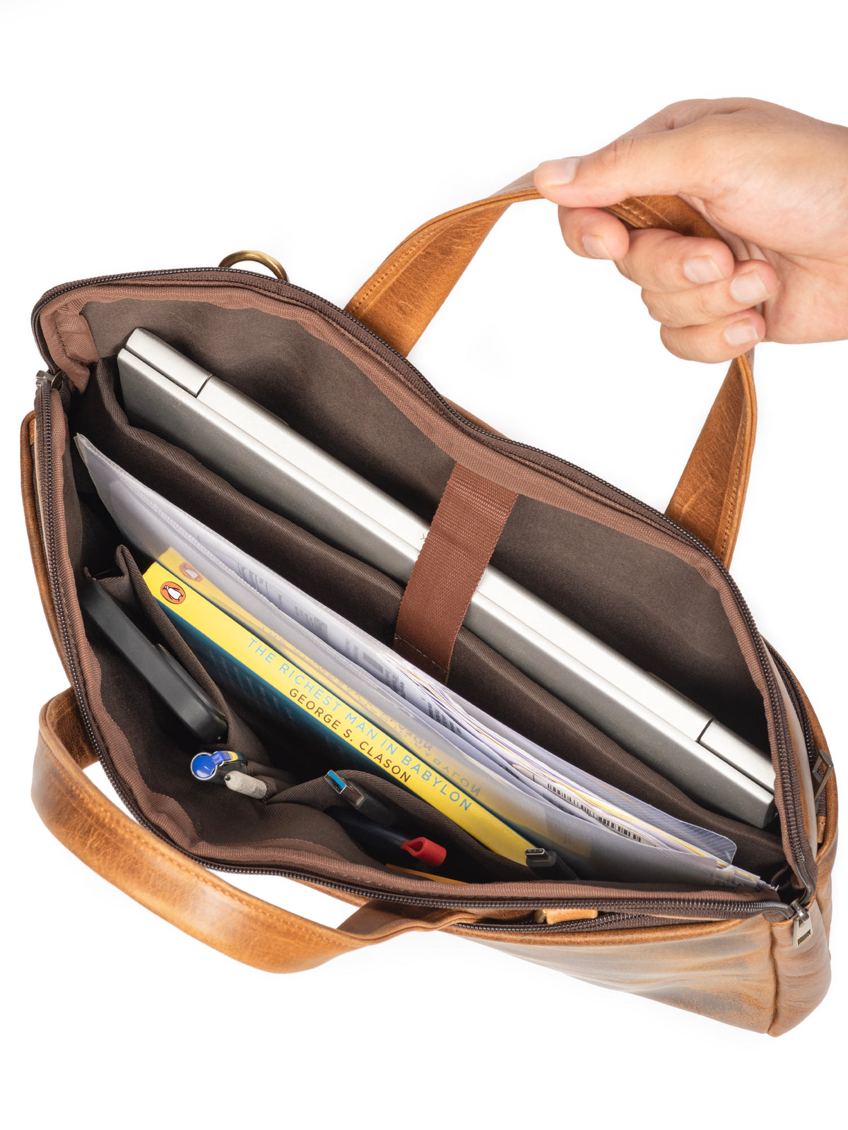 Tan Classy Leather Bags Harbor laptop briefcase interior with padded laptop compartment and organized pockets