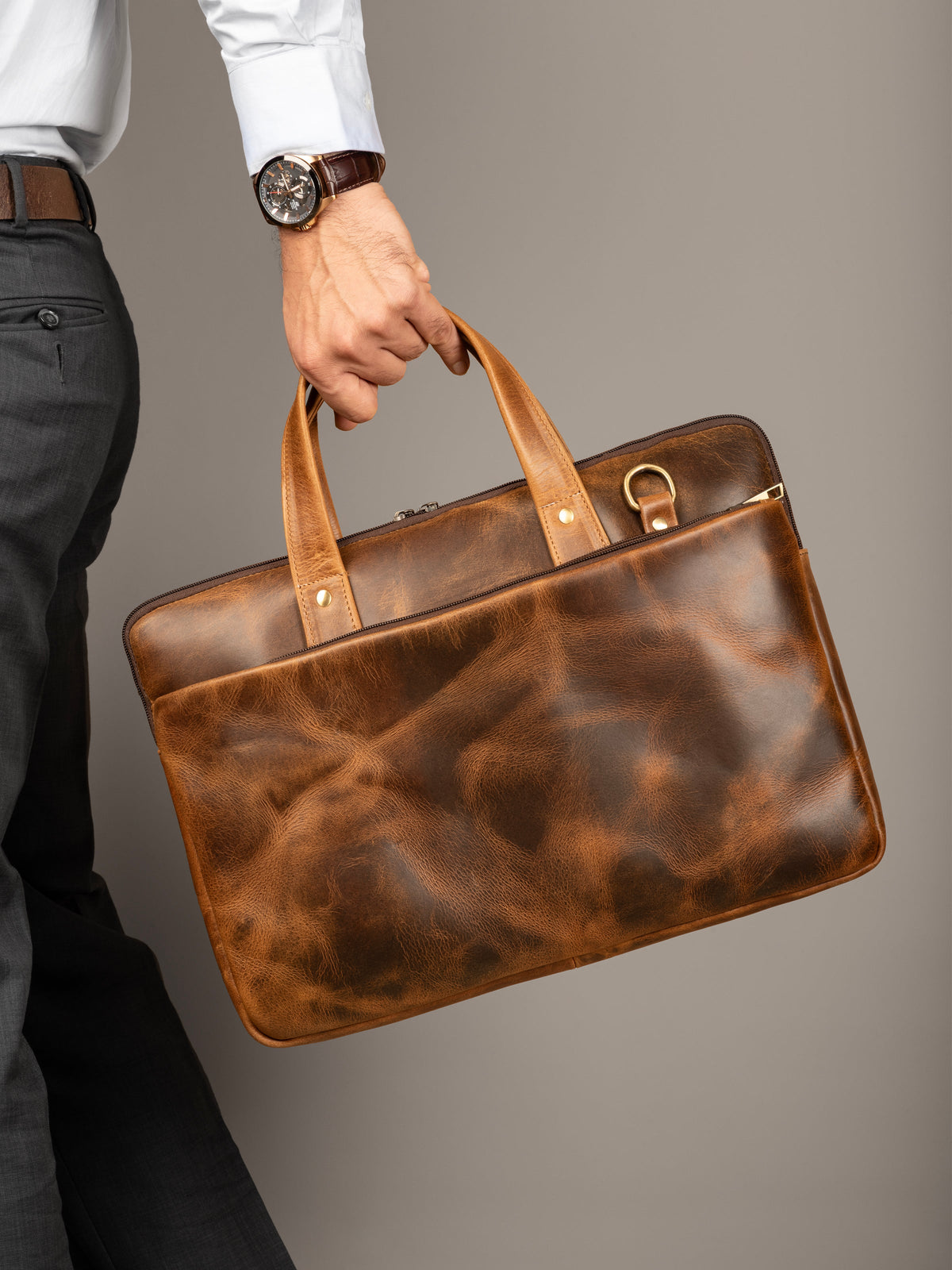 Tan Classy Leather Bags Harbor laptop briefcase with structured design and top handles