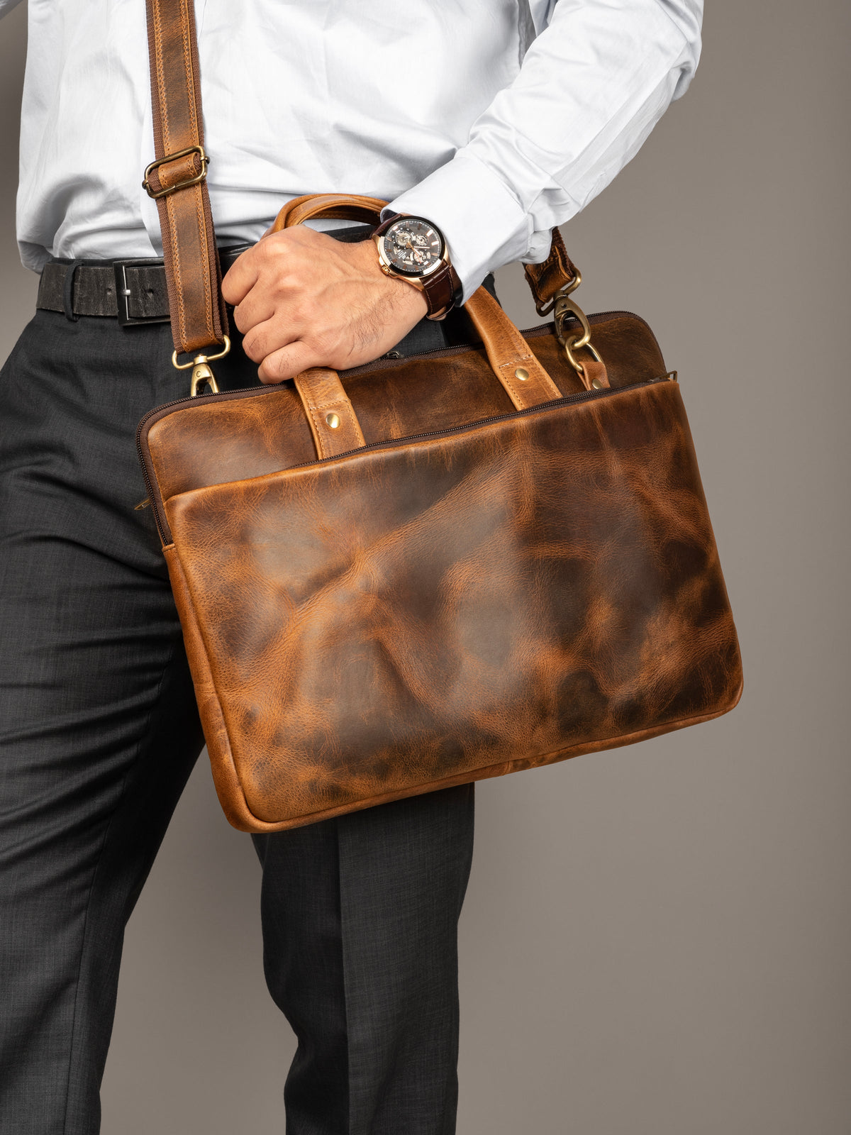 Tan Classy Leather Bags Harbor laptop briefcase with structured compartments and shoulder strap