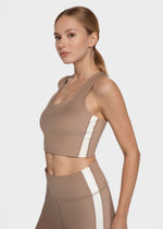 Trophy Yoga side split crop top with four-way stretch fabric, made in USA