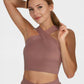 Trophy Yoga criss cross tennis crop top, made in USA, shown from the front