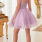 Ladivine UJ0119 Short Appliqued Bodice Halter Tulle Skirt Dress