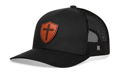 Shield Cross Trucker Hat  |  Leather Christian Snapback