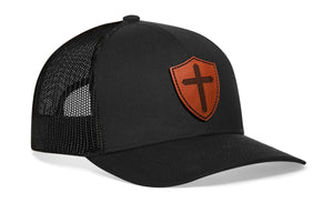 Shield Cross Trucker Hat  |  Leather Christian Snapback