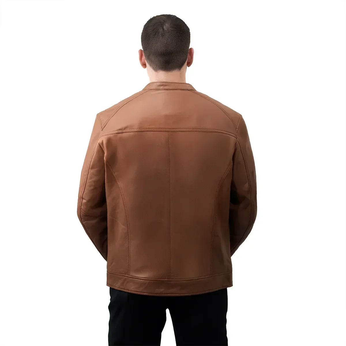 Whet Blu NYC Lucas men's lambskin leather moto jacket in whiskey brown, front view