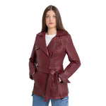 Whet Blu NYC Juliette women's oxblood asymmetrical leather trench coat with belted waist and long sleeves