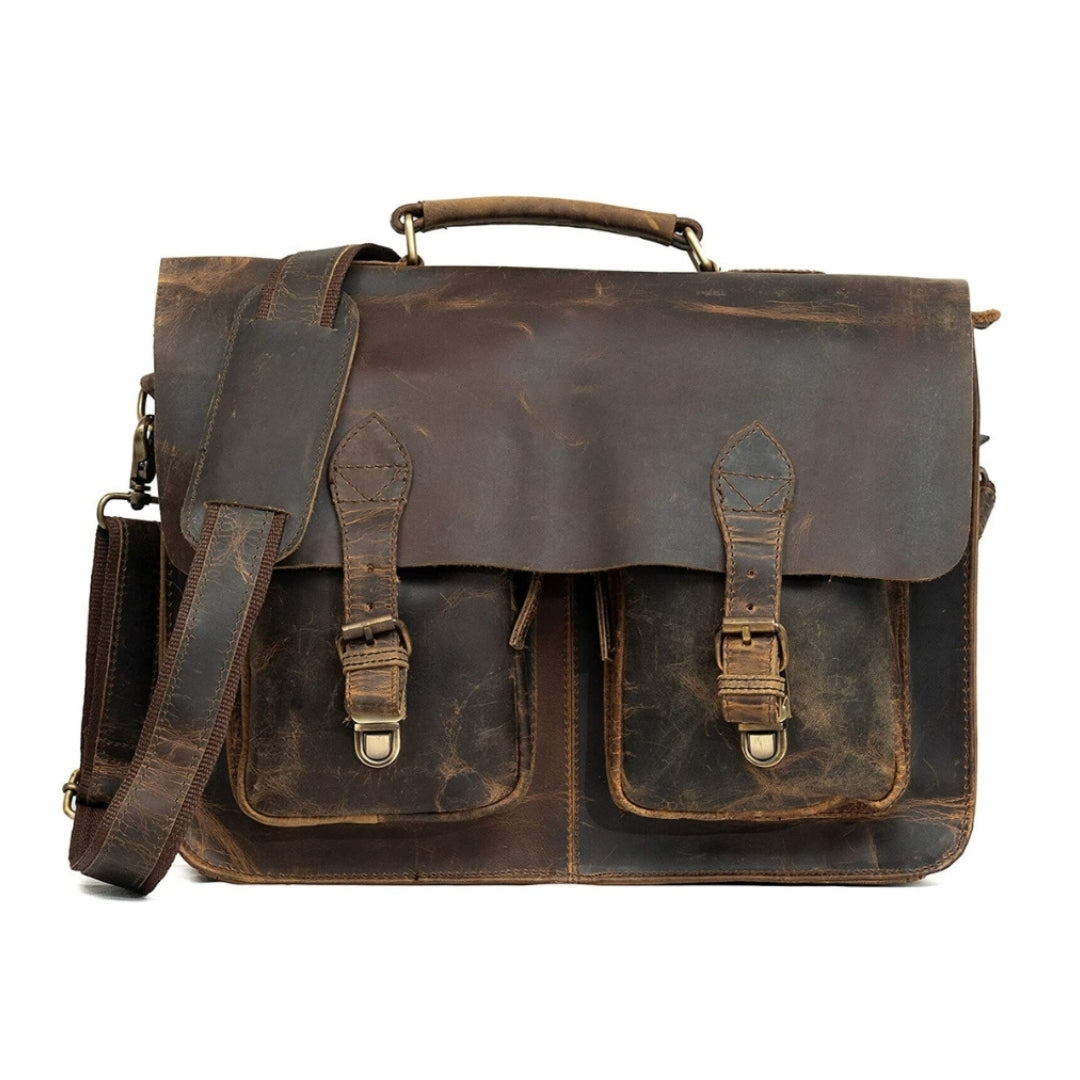 Fullgrain buffalo leather messenger bag by Classy Leather Bags, showing the sleek brown bag with adjustable strap and front pocket.