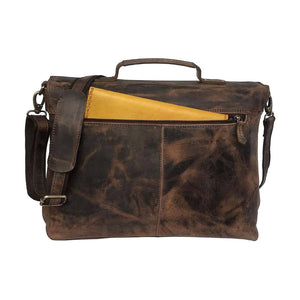 Classy Leather Bags Buffalo Executive messenger bag in brown leather with multiple compartments and adjustable shoulder strap.