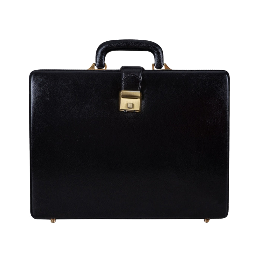 Black men's leather attache briefcase from Classy Leather Bags, featuring a sleek, professional design with sturdy handles and secure closure.