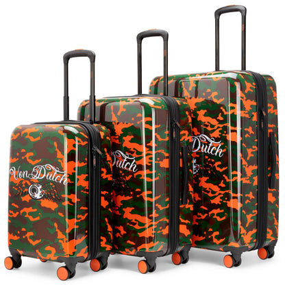 Travellty Kustom Kulture 3-piece expandable hardside spinner luggage set with camo design and multiple compartments, shown from a main angle.