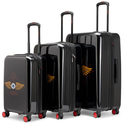 Travellty Kustom Kulture 3-piece expandable hardside spinner luggage set, black with eye-catching design, main angle view