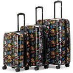 Travelly Kustom Kulture 3-piece expandable hardside spinner luggage set in black with sleek design and multiple compartments for easy packing.