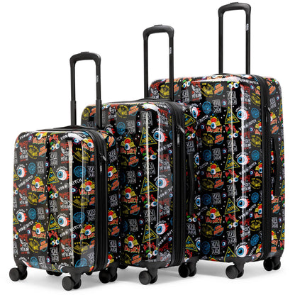 Travelly Kustom Kulture 3-piece expandable hardside spinner luggage set in black with sleek design and multiple compartments for easy packing.