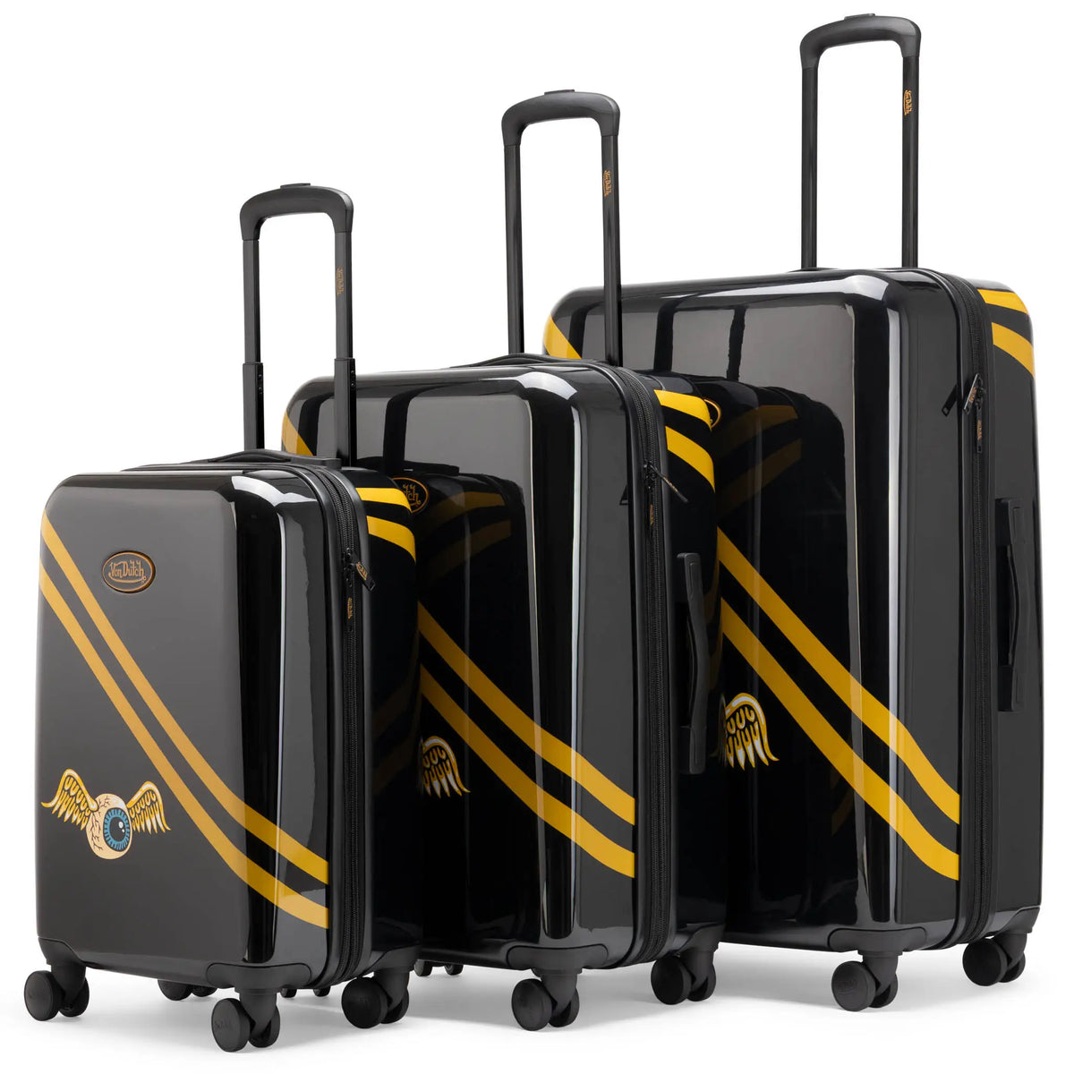 Travellty Kustom Kulture 3-piece expandable hardside spinner luggage set shown from a main angle, featuring durable design and multiple compartments.