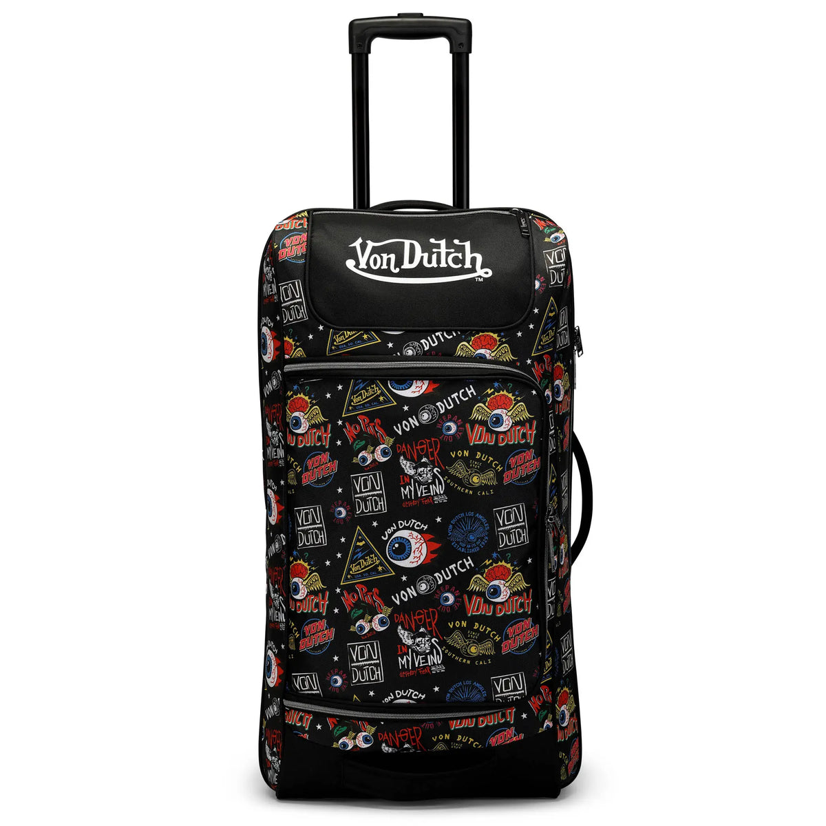 Travellty Jax Black 28-inch checked rolling duffel bag with trolley handle and spacious main compartment, front view.