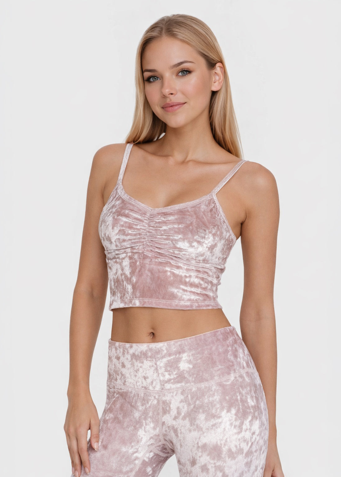 Trophy Yoga velvet shirred crop top, made in USA, front view