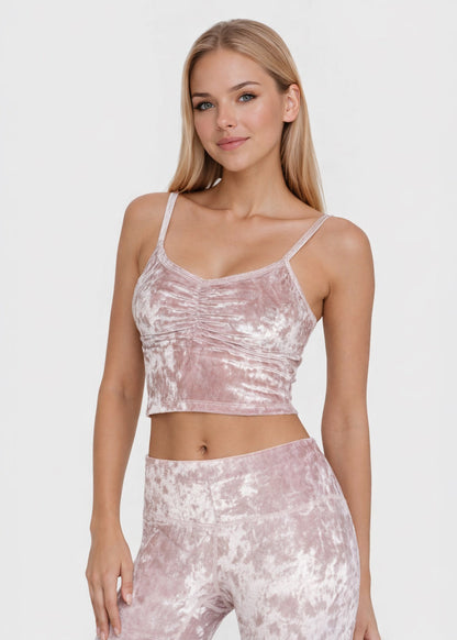 Trophy Yoga velvet shirred crop top, made in USA, front view