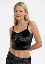 Trophy Yoga velvet shirred crop top in a close-fitting design, made in USA