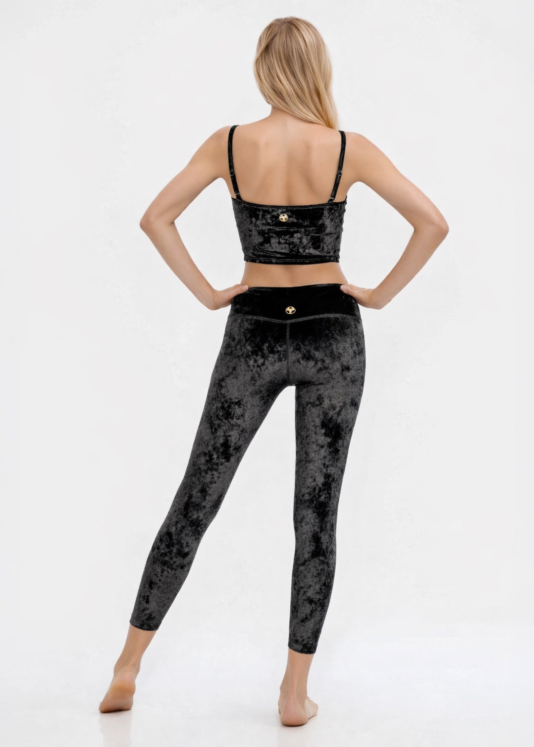 Trophy Yoga velvet shirred crop top in black, made in USA