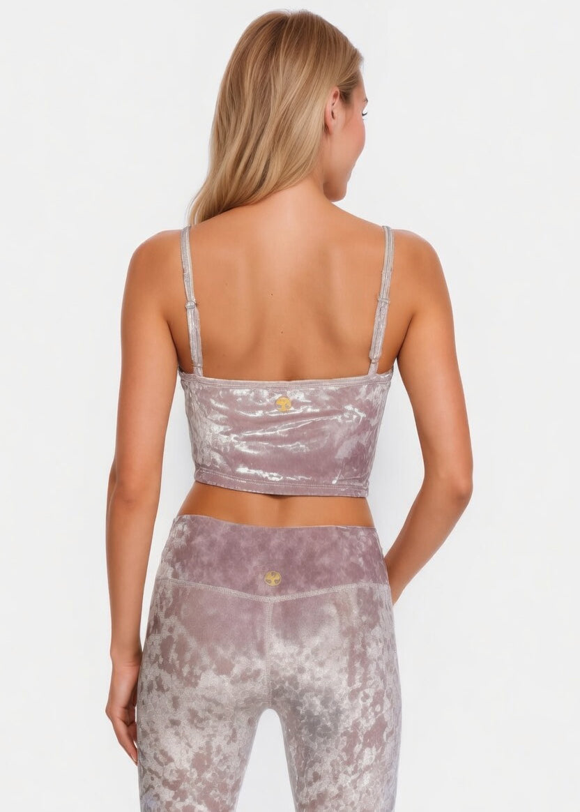 Trophy Yoga velvet shirred crop top in lavender, made in USA