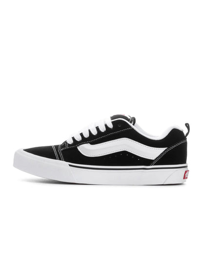 Men's Vans Knu Skool footwear in black and white with chunky laces and signature side stripe