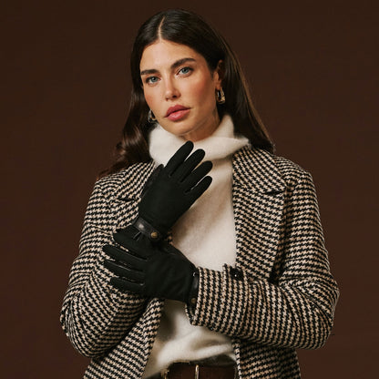 Violetta (black) - Italian tweed women's gloves with touchscreen capability and adjustable snap button