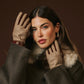 Brown Violetta Italian tweed women's winter gloves with touchscreen fingertips and adjustable snap button by Leather Gloves Online.