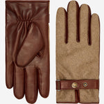 Violetta brown Italian tweed women's winter gloves with touchscreen fingertips and adjustable snap button, by Leather Gloves Online.