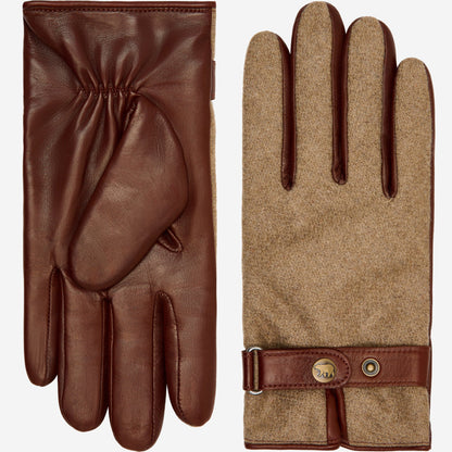 Violetta brown Italian tweed women's winter gloves with touchscreen fingertips and adjustable snap button, by Leather Gloves Online.