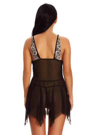 Black mesh and contrast lace babydoll lingerie with delicate details, featuring sheer fabric and elegant design.