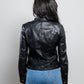 Whet Blu NYC Stella women's black leather jacket back view, racer style with sleek panel detailing